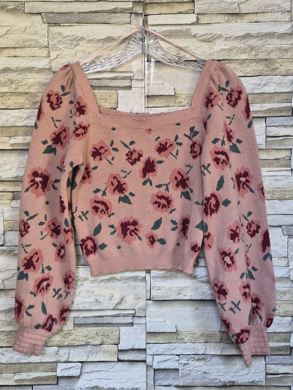 ​Willow & Wind Sweater Size S Peach Floral Print Square Neck Long Puff Sleeve